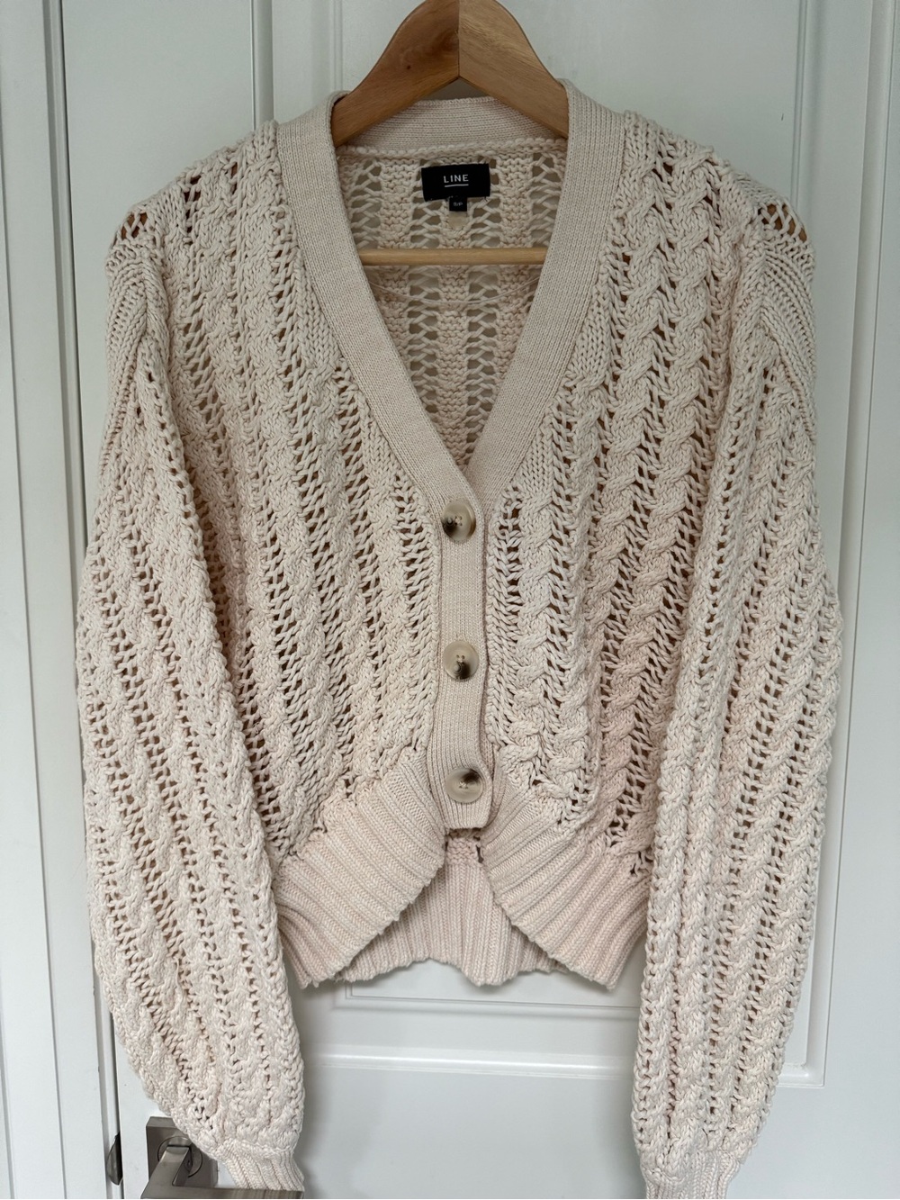 LINE Cream Open-Knit V-Neck Button Front Cardigan